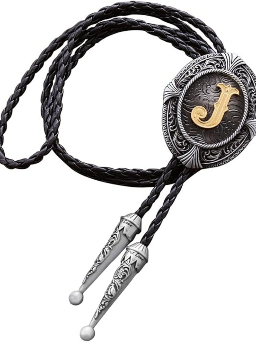 New Western Cowboy Alphabet Golden Initial Letter J Leather Necktie Bolo Tie